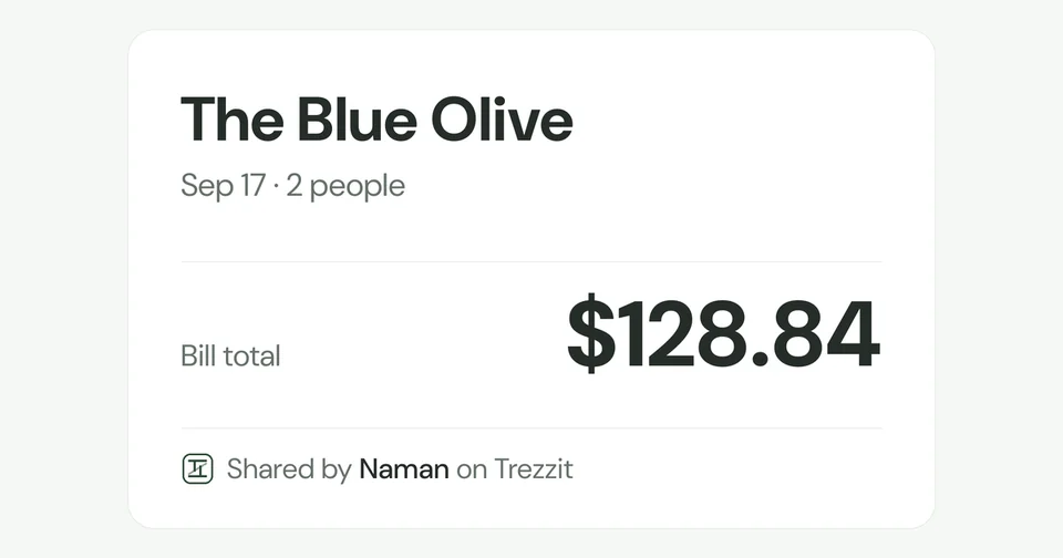 The card a chat app shows for the link: The Blue Olive, Sep 17, 2 people, bill total $128.84, shared by Naman on Trezzit