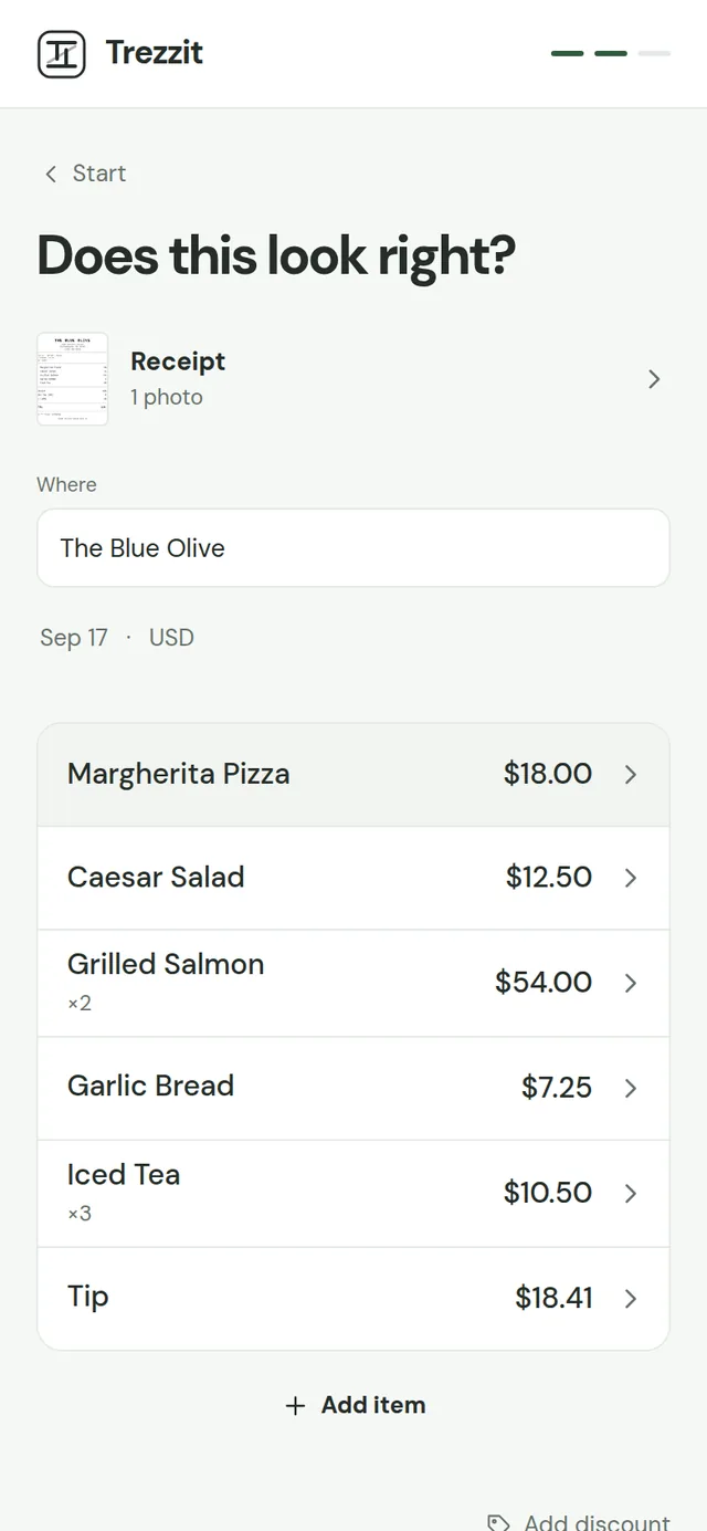 The review screen, asking 'Does this look right?', with six items, the tax and the tip read from a receipt and a total of $128.84