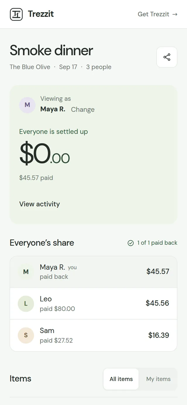 A shared bill after everyone has paid: 'Everyone is settled up', $0.00 owed, and each person's share listed as paid