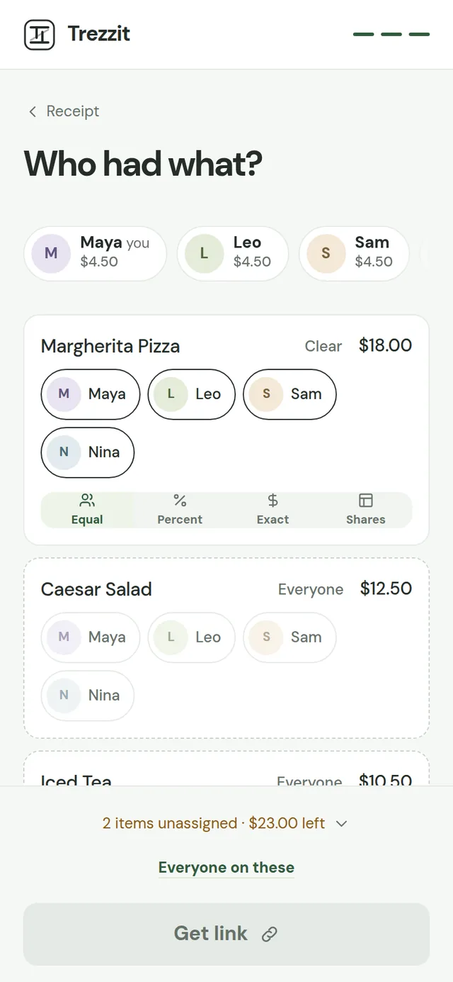 The split screen, 'Who had what?', with a pizza shared equally by Maya, Leo, Sam and Nina and the split type set to Equal