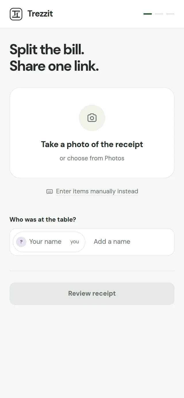 The first screen: a button to take a photo of the receipt, and a field asking who was at the table